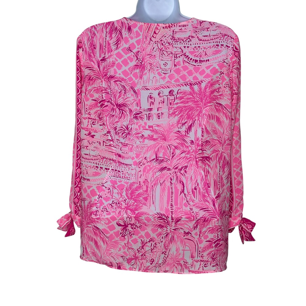 Lilly Pulitzer Blouse XS Pink Tropical Palm Tree Tie V-Neck Resort Top Pamela - Picture 3 of 9
